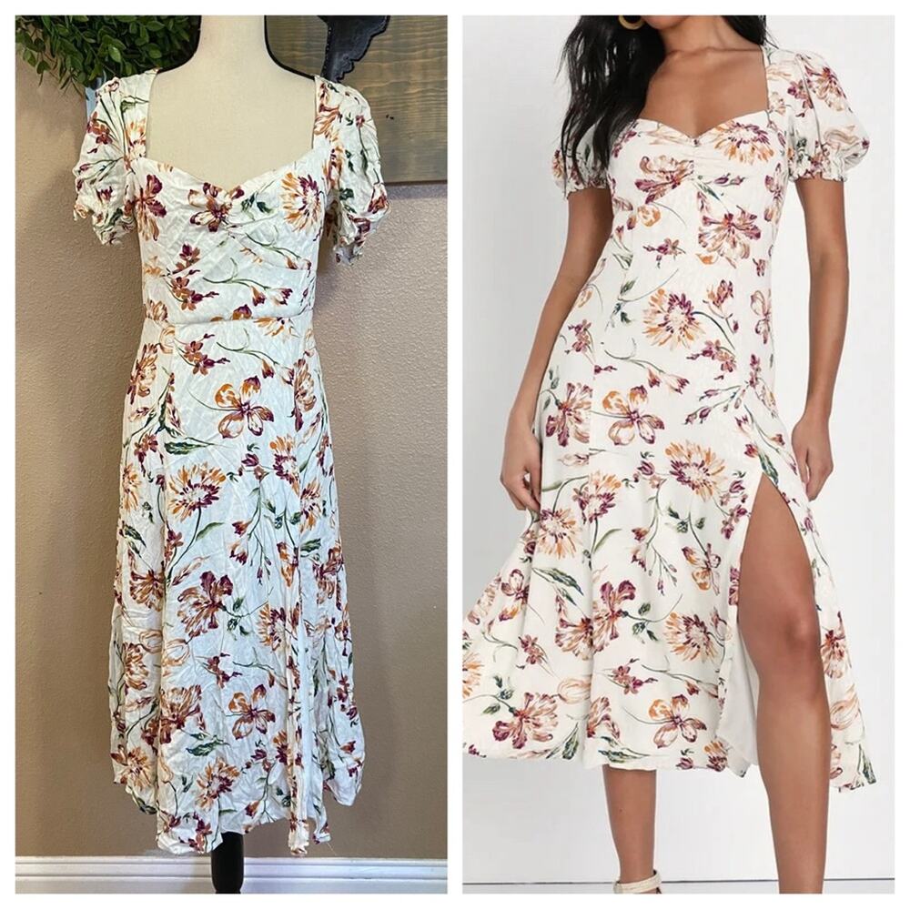 Lulu's Floral Midi Dress in Cream and Pink